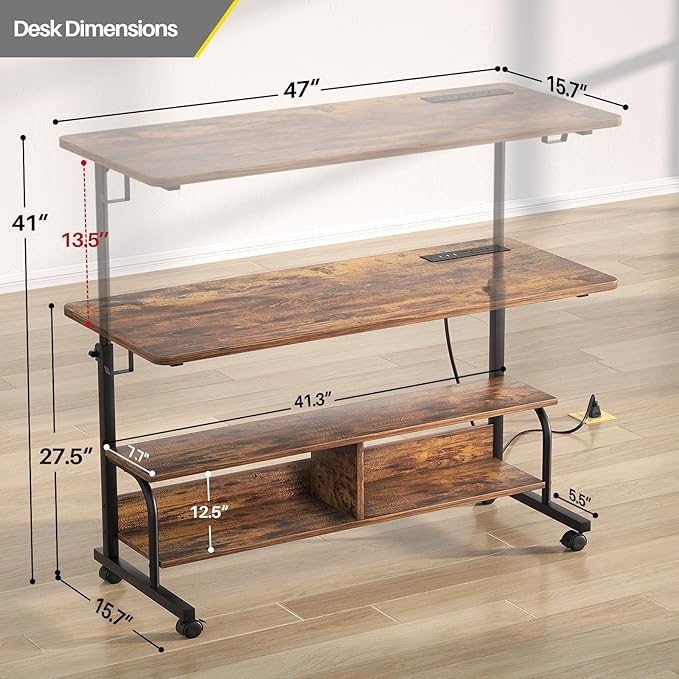 Armocity Height Adjustable Standing Desk with Power Outlets, 47" Manual Stand Up Desk with Storage Shelves Small Mobile Rolling Computer Desk Portable Laptop Table with Wheels for Home Office, Rustic
