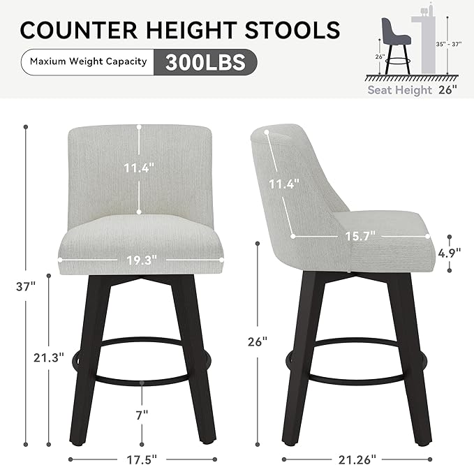 Counter Height Swivel Bar Stools Set of 3, 26 Inch Bar Stools with Footrest, Linen Fabric Upholstered Barstools with Back and Solid Wood Legs for Kitchen Island, Dining Room,Pub,White
