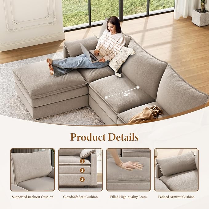 Vesgantti Large Modular Sectional Sofa, Big Comfy Cloud Couch with Ottoman Deep Seat Chenille Cloud Sofa, 9 Seater Large Sectional Couches for Living Room, Bedroom and Apartment, Light Brown