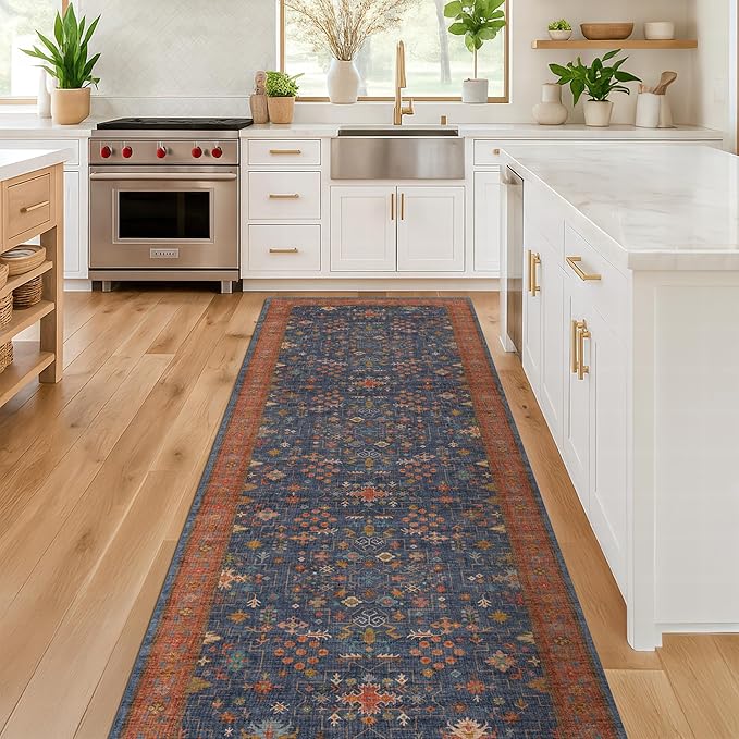 Navy Blue Runner Rug 2x6 for Kitchen, Hallway, Mudroom, Laundry Room, Bathroom, Washable Non Slip Non Skid Rubber Backing Low Pile Stain Resistance