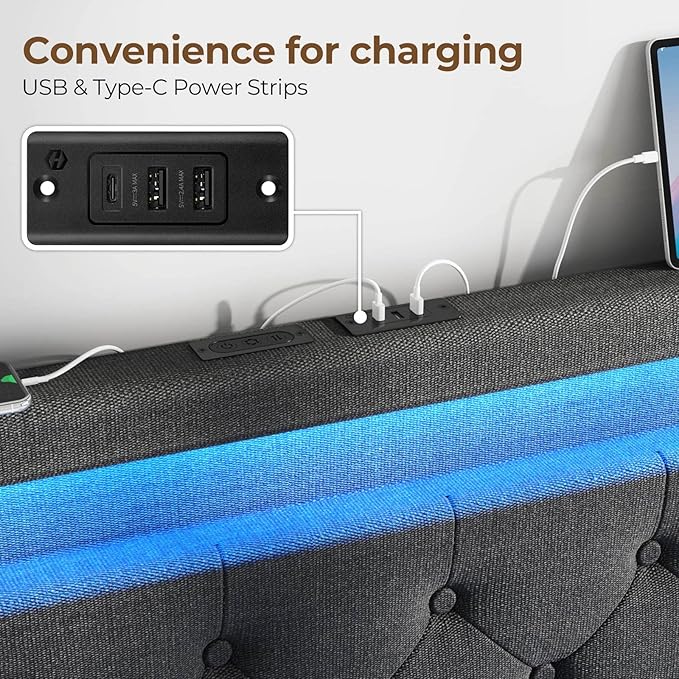 Rolanstar Full Size Bed Frame with 4 Storage Drawers and Charging Station, Full Bed with Led Lights, 2 USB & 1 Type C, Adjustable Headboard 38.9/40.9 Inches, No Box Spring Needed, Grey