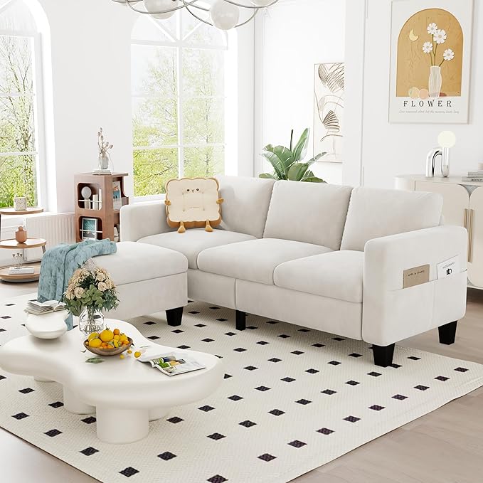 ZeeFu Convertible Sectional Sofa Couch, 3 Seat L-Shaped Sofa with Movable Ottoman, Modern Mocha Brown Velvet Linen Upholstered Small Sectional Sofa Couch for Small Space Apartment Living Room Office