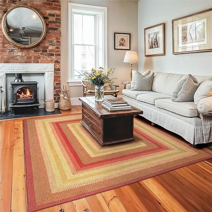 Cider Barn Cranberry Red Braided Area Rug, Jute, 6x9' Rectangle - Perfect Country Primitive Decor for Dining Room, Living Room, Everywhere