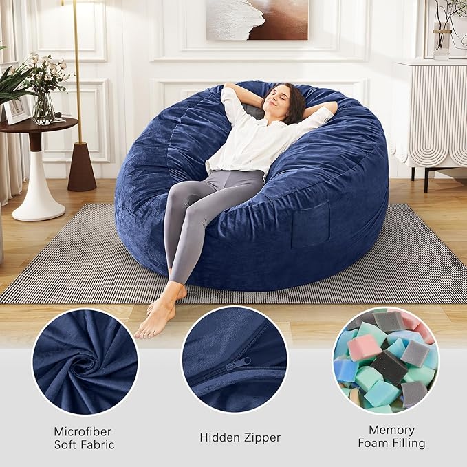 Bean Bag Chairs for Adults - Giant Bean Bag Chair Convertible Bean Bag Bed - Beanbag Chair with Micro Fiber Cover/Furniture Foam Filler - Floor Couch Sofa in Bedroom Dorm Room - Full Navy Blue