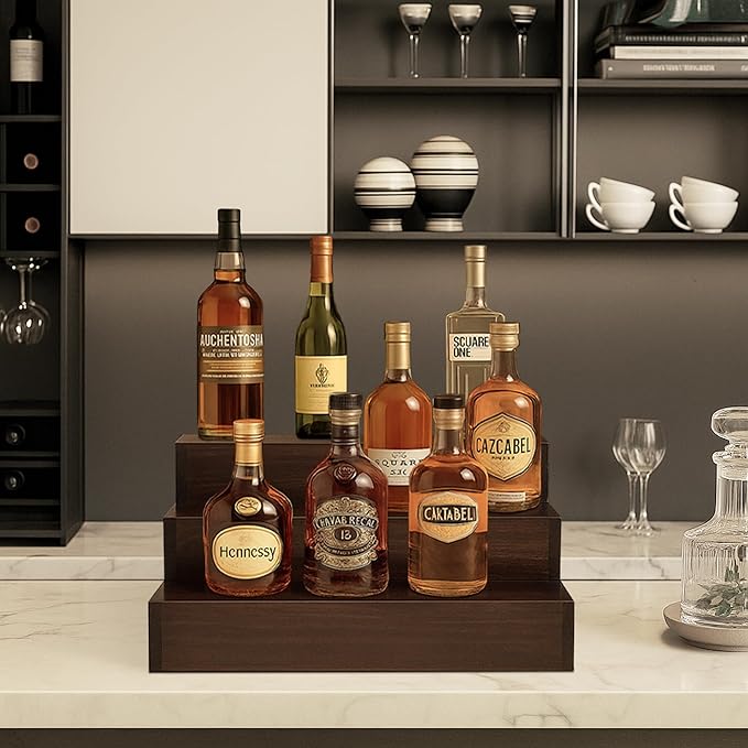 Royxen Wood Liquor Bottle Shelf 3 Tier Bar Shelf Freestanding Vintage Liquor Bar Stand for Home Bar Decor (Brown, 16 Inch Wide)