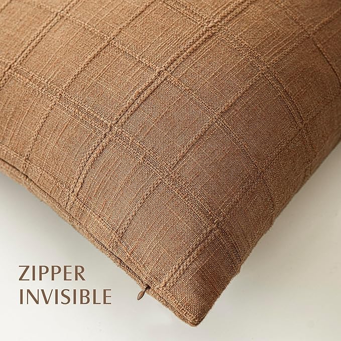 Foindtower Set of 2 Decorative Linen Check Throw Pillow Covers Neutral Farmhouse Vintage Cushion Covers Modern Boho Home Decor for Sofa Chair Couch Bedroom Living Room Outdoor,26×26 Inch,Brick