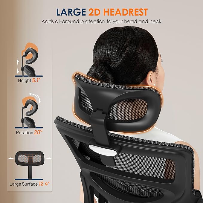 GABRYLLY Ergonomic Office Chair, High-Back Desk Chairs with Adjustable Lumbar Support, Headrest, Tilt Function, Soft Wide Seat and 3D Armrest, 300 LBS Sturdy Home Mesh Chair Task Chairs, GY1070