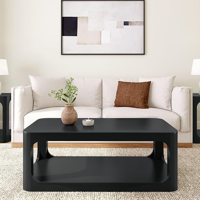 Plank+Beam Forma Coffee Table, Solid Wood 48 Inch Modern Coffee Table with Shelf, Contemporary Center Table with Storage Space, Rectangle Tea Table with Storage, Black