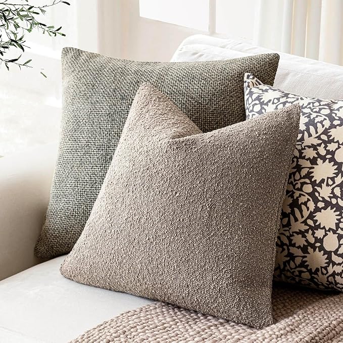 Foindtower Set of 2, Decorative Textured Boucle Throw Pillow Covers Accent Solid Pillow Cases Neutral Soft Cozy Couch Cushion Case for Chair Sofa Bedroom Living Room Home Decor 26x26 Inch Light Taupe