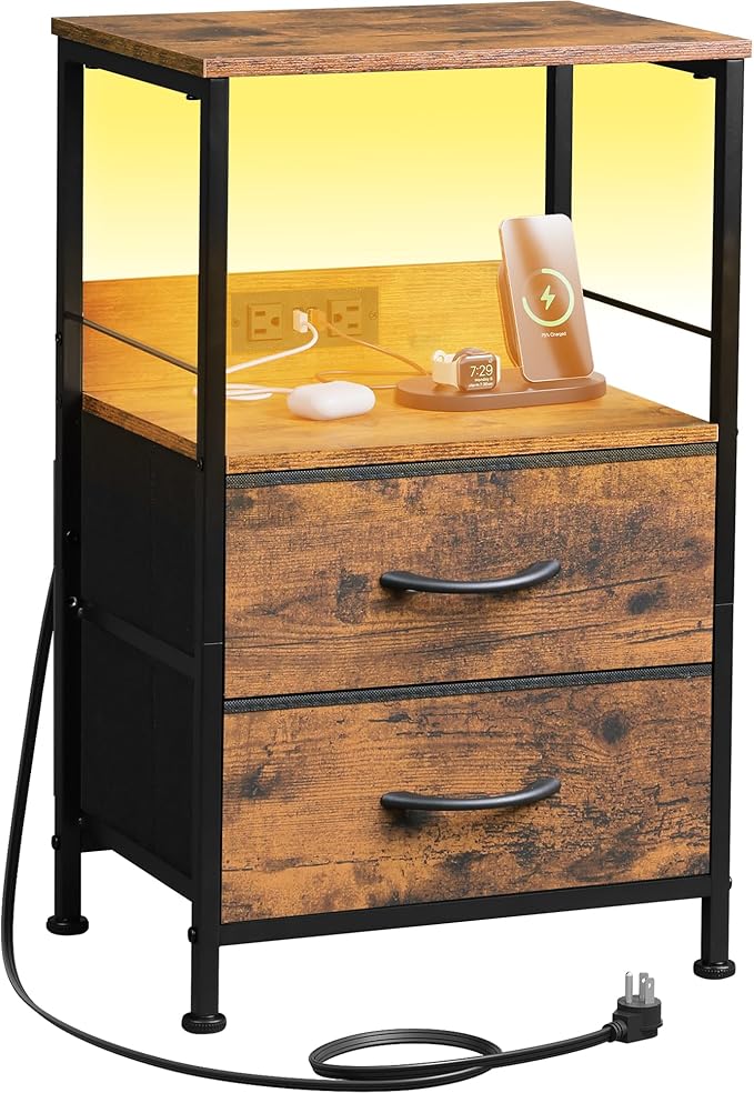 WLIVE Night Stand with Charging Station, LED Nightstand with 2 Fabric Drawers and Storage Shelf, Small Bedside Tables for Small Spaces, Dresser for Bedroom, Rustic Brown