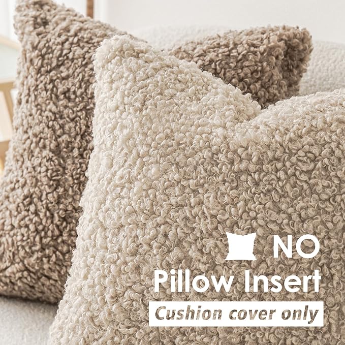 Foindtower 2 Pieces 22x22 Inch Light Khaki, Faux Fur Throw Pillow Cover Accent Sherpa Pillow Fuzzy Soft Pillowcases Sheepskin Decorative Fleece Cushion Case for Bed Couch Living Room