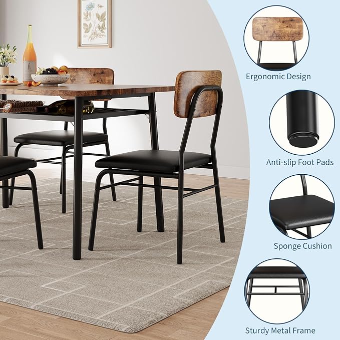 GarveeHome Dining Table for 2 with Storage Rack, Small Kitchen Table for 2 with Metal Frame, Square Table with Upholstered Chairs Set of 2, 3-Piece Dining Room Set for Small Space, Apartment, Brown