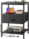 SUPERJARE Night Stand with Charger Station, 27.7 Inch Tall Nightstand with Adjustable Fabric Drawer, Bed Side Table, Fabric Drawer Dresser for Bedroom, Living Room, Black