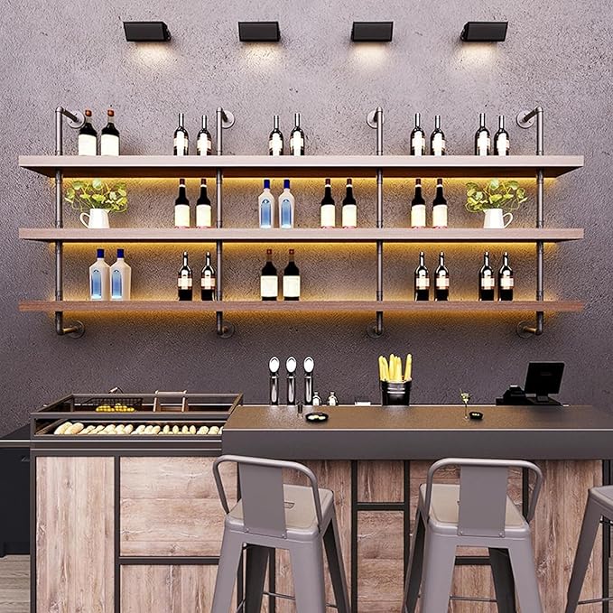 39.7in Large Wine Rack with LED Light Solid Wood Wall Mounted Wine Rack, 3-Tiers Liquor Bottles Floating Shelves Display Storage Organizer for Home Bar & Dining Room (100cm/39.7in)
