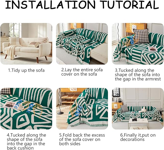 HANDONTIME Couch Cover Boho Sofa Covers Washable Forest Green Dog Covers for Couches Reversible Couch Blanket Cover Geometric L Shaped Couch Covers for 2 3 Couch Cushion Cover Dark Green, 91" X134"