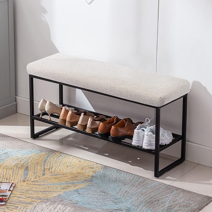 Zesthouse Upholstered Shoe Bench Entryway with Storage, Comfy Line Fabric Bench for Bedroom End of Bed, Metal Shoe Rack for Closet Hallway Doorway Living Room Mudroom, Beige