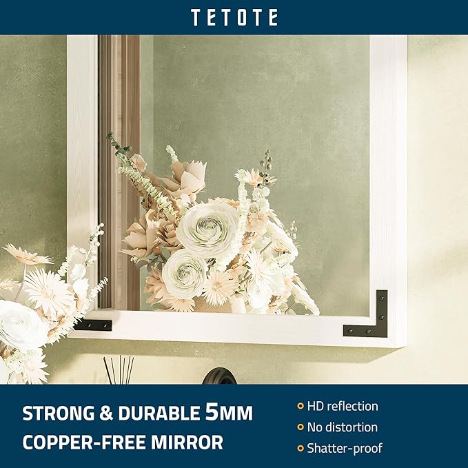 TETOTE 55 x 36 White Wood Mirror for Bathroom Wall/Bedroom/Living Room/Entryway Farmhouse Rustic Bathroom Vanity Mirror Waterproof (Horizontal/Vertical Mounted)