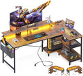 ODK 58 Inch Gaming Desk with USB Charging Ports and LED Lights, Reversible L Shaped Computer Desk with Storage Shelves & Monitor Stand, Corner Home Office Desk Table with Power Outlets, Vintage