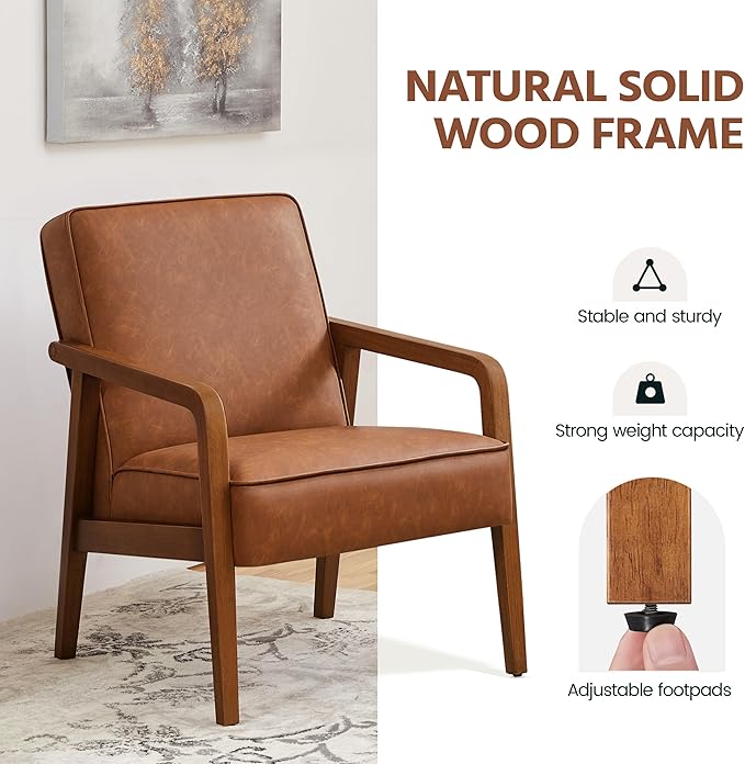 Yaheetech PU Leather Accent Chair, Mid-Century Modern Barrel Chair with Wooden Frame and Soft Thick Padded for Living Room Bedroom Home Office, 2 PCS, Light Brown