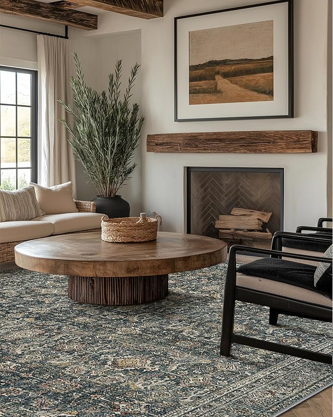 10X14 Area Rugs Machine Washable Rugs for Living Room, Vintage Boho Large Rugs for Bedroom Dining Room, Non Slip Indoor Soft Distressed Lightweight Thin Low Pile Carpet, Deep