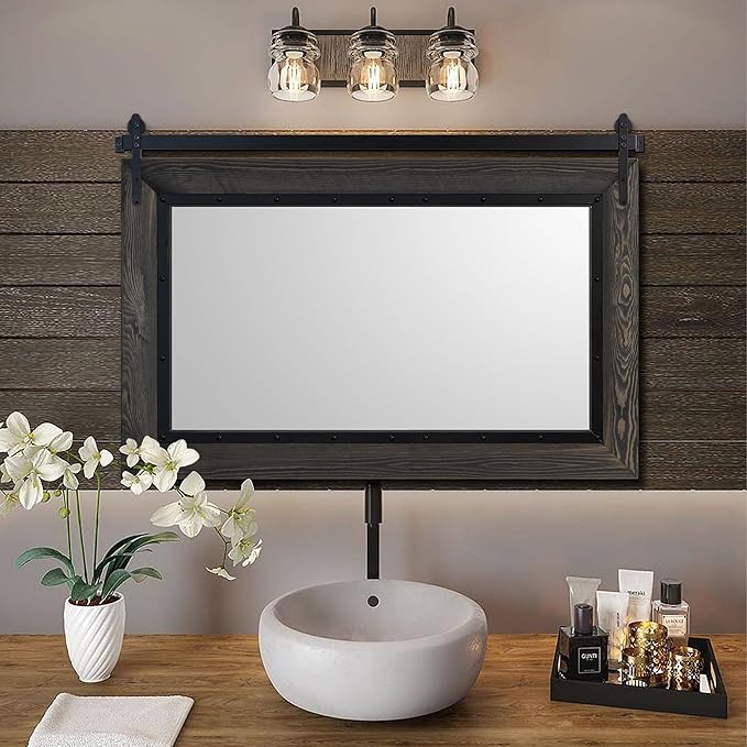 YOSHOOT Farmhouse Barn Door Mirror, 40"x26" Rustic Bathroom Mirror, Wood Frame Wall Mirror, Wooden Mirror for Living Room Bedroom Entryway Wall Décor, Horizontal Hanging ONLY
