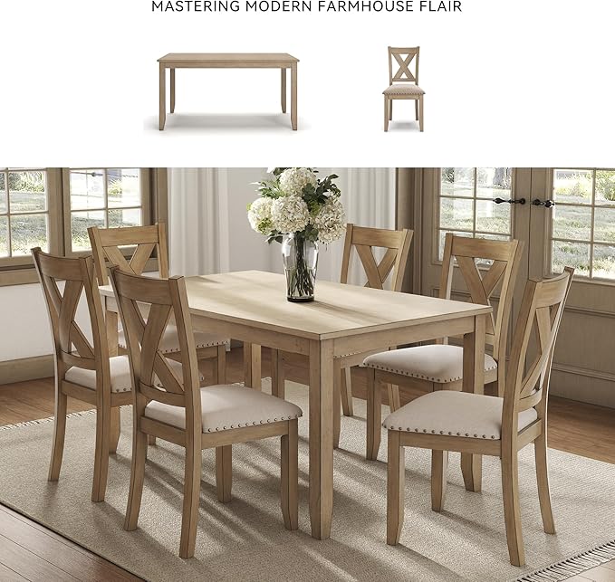 Signature Design by Ashley Sanbriar Casual Dining Table and Upholstered Chairs with Nailhead Trim, Set of 7, Light Brown & Beige