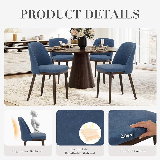 COLAMY Upholstered Dining Chairs Set of 6, Modern Kitchen Chairs with Back, Leather Side Dining Room Chairs with Wood Legs for Kitchen Dining Room Restaurant, Blue