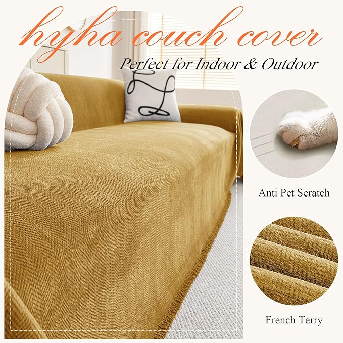 hyha Couch Cover for Dogs, Boho Sofa Covers for 3 Cushion Couch Washable, Chenille Sofa Slipcover for Pets, Soft Loveseat Sectional Couch Throw Blankets with Tassels (Yellow, 71x134 Inch)