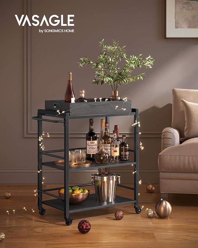 VASAGLE Kitchen Serving Cart with Removable Tray, 3-Tier Kitchen Utility Cart on Wheels with Storage, with Brakes, Leveling Feet, 15.7 x 28.3 x 33.9 Inches, Charcoal Gray and Black ULRC072B04