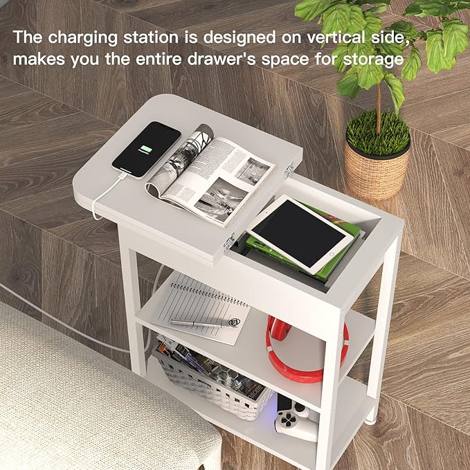 LIDYUK End Table with Charging Station, Set of 2 Flip Top Narrow Side Table for Small Spaces, Nightstands Set of 2 for Bedroom, End Tables Living Room with Storage Shelves, White