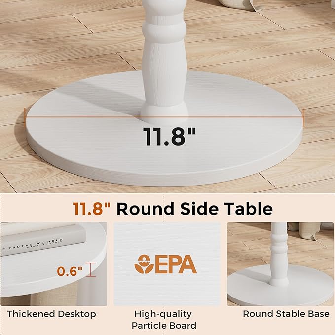 Round Side Table, Solid Wood Pillar with Wood Top & Base, Small Drink Accent Table for Living Room, Bedroom, Sofa & Office, Easy Assembly, White