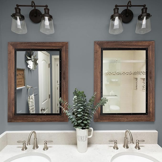 YOSHOOT Rustic Wooden Framed Wall Mirror, Natural Wood and Iron Bathroom Vanity Mirror for Farmhouse Decor, Vertical or Horizontal Hanging