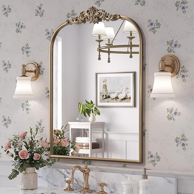 Antique Baroque Gold Mirror, 24” x 36” Vintage Vanity Mirror for Fireplace Mantel, Arch Bathroom Mirror for Wall with Ornate Metal Frame for Entryway Bedroom Living Room