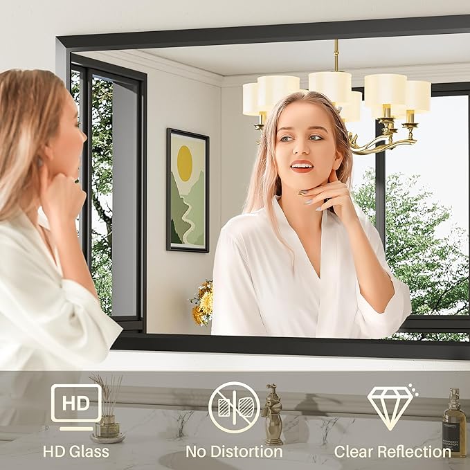 24x30 Inch Black Bathroom Mirror for Wall, Thick Metal Framed Rectangle Mirrors for Over Sink, Bedroom, Living Room, Entryway, Anti-Rust, HD Tempered Glass