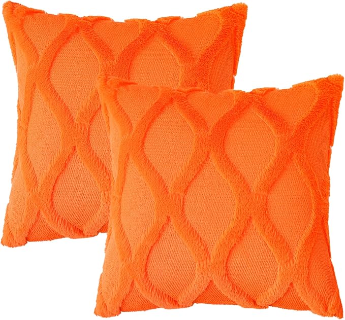 decorUhome Fall Throw Pillow Covers 24x24 Inch Set of 2, Soft Plush Faux Fur Wool Orange Couch Pillow Covers, Decorative Neutral Pillow Cases for Bed Sofa Living Room Home Decor