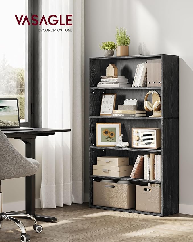 VASAGLE Set of 2 Bookshelves, 30 Inches Wide, 5-Tier Open Bookcases with Adjustable Storage Shelves, Floor Standing Units, Ebony Black ULBC175T56-2