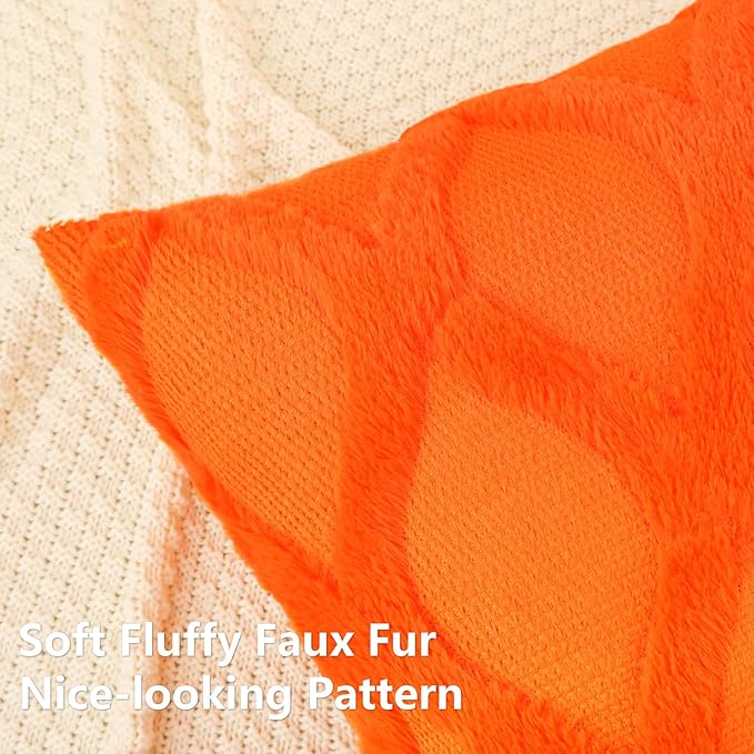 decorUhome Fall Throw Pillow Covers 18x18 Inch Set of 2, Soft Plush Faux Fur Wool Orange Couch Pillow Covers, Decorative Neutral Pillow Cases for Bed Sofa Living Room Home Decor