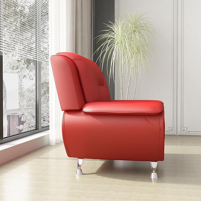 Container Furniture Direct Michael Modern Faux Leather Upholstered Stainless Steel Legs Living Room Sofa, Chair, Persian Red