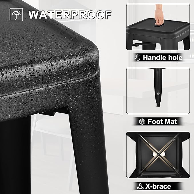 30 Inches Metal Bar Stools, High Backless Stools, Indoor Outdoor Stackable Kitchen Stools, Set of 4, Dark