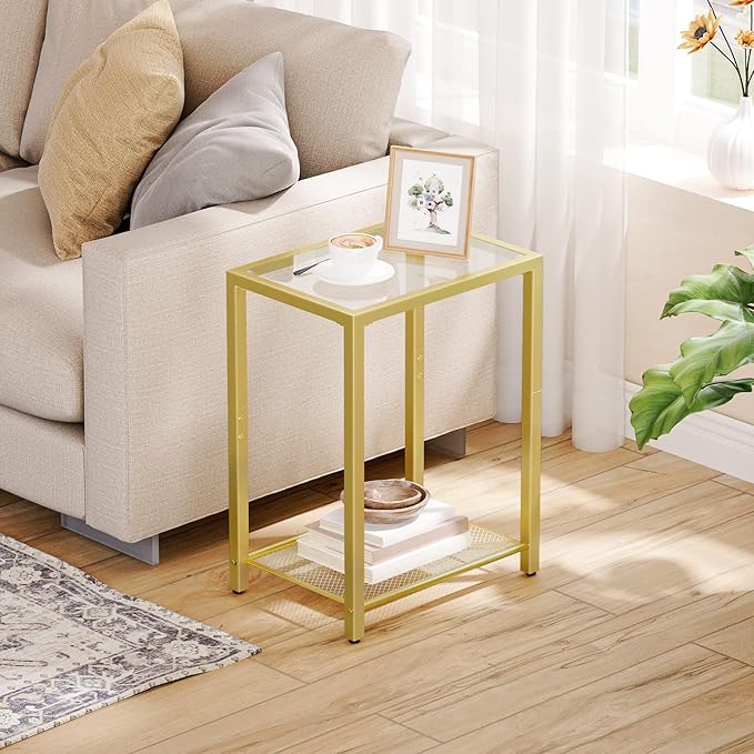 HOOBRO Set of 2 Side Tables, 2-Tier End Table, Nightstands for Tight Spaces, Tempered Glass Bedside Tables, Modern Metal Frame, for Office, Bedroom, Living Room, Study, Gold GD76BZP201