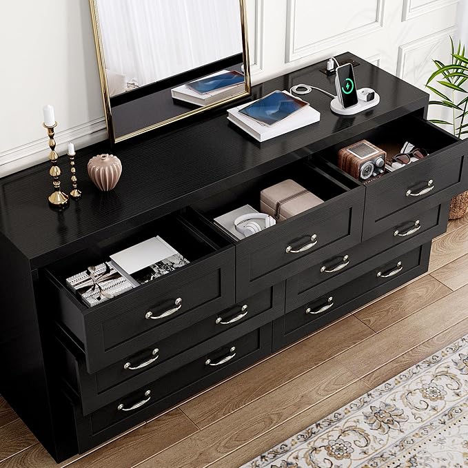 YITAHOME Drawers TV Stand for 65 inches with Power Outlets -Chest of Drawers Dresser with Side Organizer Bag Entertainment Center TV Console, Black
