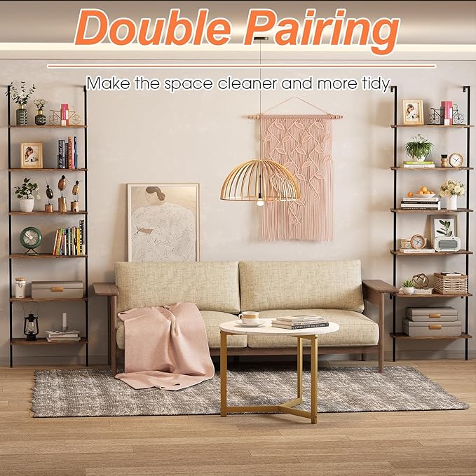 Bookcase Rustic Brown 6 Tiers Modern Bookshelf Room Organizer Open Tall Wall Mount Bookcase Standing Leaning Wall Shelves Industrial Decorative Living Room Bed Room (Rustic Brown)