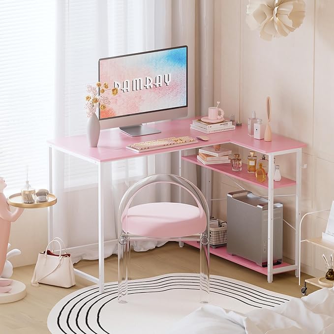 Pamray 43 Inch L Shaped Computer Desk with Reversible Side Storage Shelves, Small Corner Desk for Small Space Home Office,Writing Study Table PC Desk for Bedroom,Pink with White Leg
