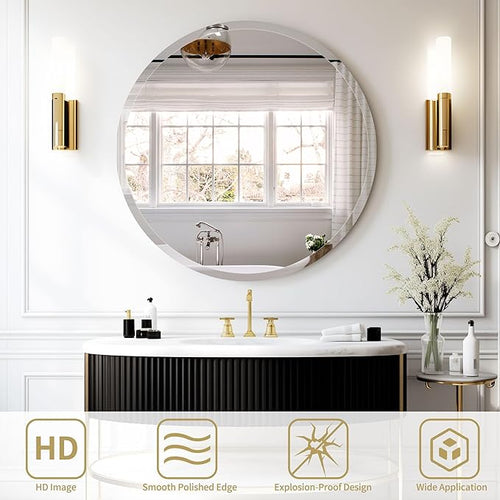 28" Frameless Beveled Round Mirror with 1" Edge for Bathroom, Entryways, Vanity, Wall Decor