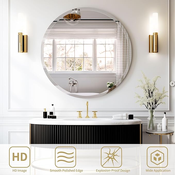 30" Frameless Round Beveled Mirror, 1" Polished Edge Beveled Circle Bathroom Mirror for Wall, Vanity, Entryways
