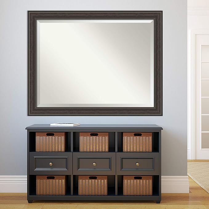 Amanti Art Brown Bathroom Mirror for Over Sink, 36x46 Shipwreck Greywash Rectangle Vanity Mirror, X-Large Traditional Frame, Hangs Horizonally and Vertically, Bathroom Wall Decor, Beveled Edge