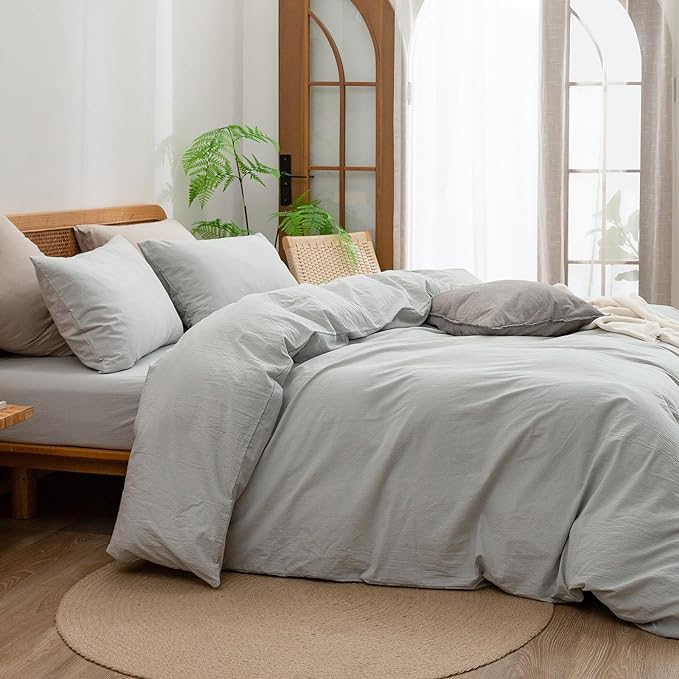 BESTOUCH Duvet Cover Set 100% Washed Cotton Linen Feel Super Soft Comfortable Chic Lightweight 3 PCs Home Bedding Set Solid Northern Droplet Grey Super Queen