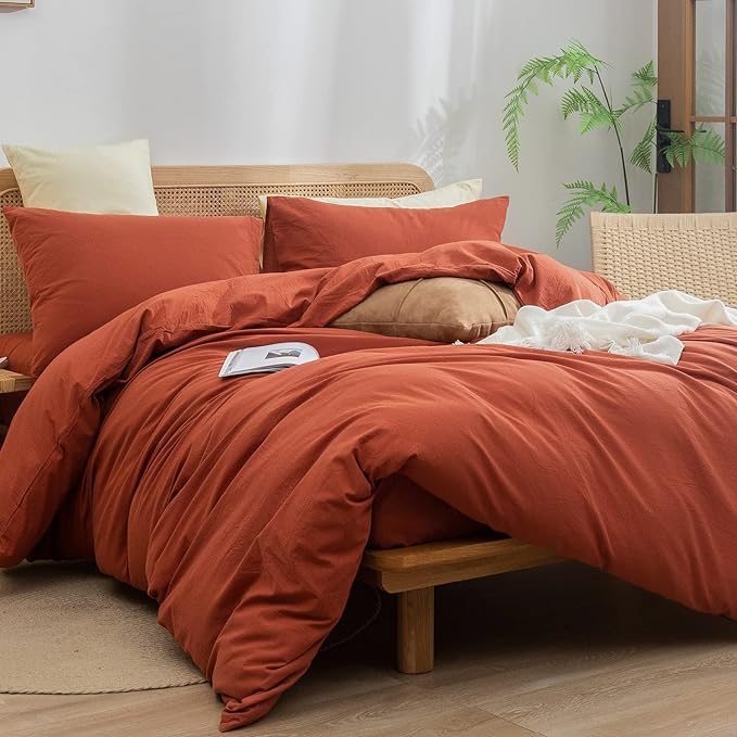 BESTOUCH Duvet Cover Set 100% Washed Cotton Linen Feel Super Soft Comfortable Chic Lightweight 3 PCs Home Bedding Set Solid Burnt Brick Red Full/Double