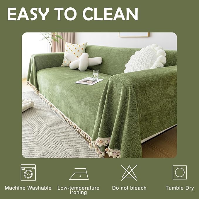 HANDONTIME Green Sofa Cover Vintage Couch Cover for Dogs 91" X134" Couch Cushion Covers with Tassel Herringbone Sofa Cover Boho Sofa Covers for 3 Cushion Couch Chenille Soft Loveseat Sofa Covers