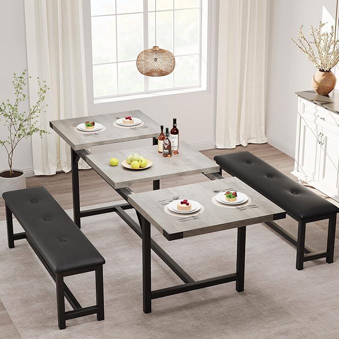 3-Piece Dining Table Set for 4-6 People, Extendable Kitchen Table Set with 2 Upholstered Benches, Dining Room Table Set for Apartment, Kitchen, Living Room, Gray